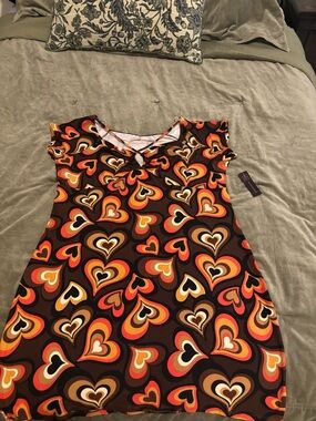 Brown Shift Dress with Orange and Red Accents